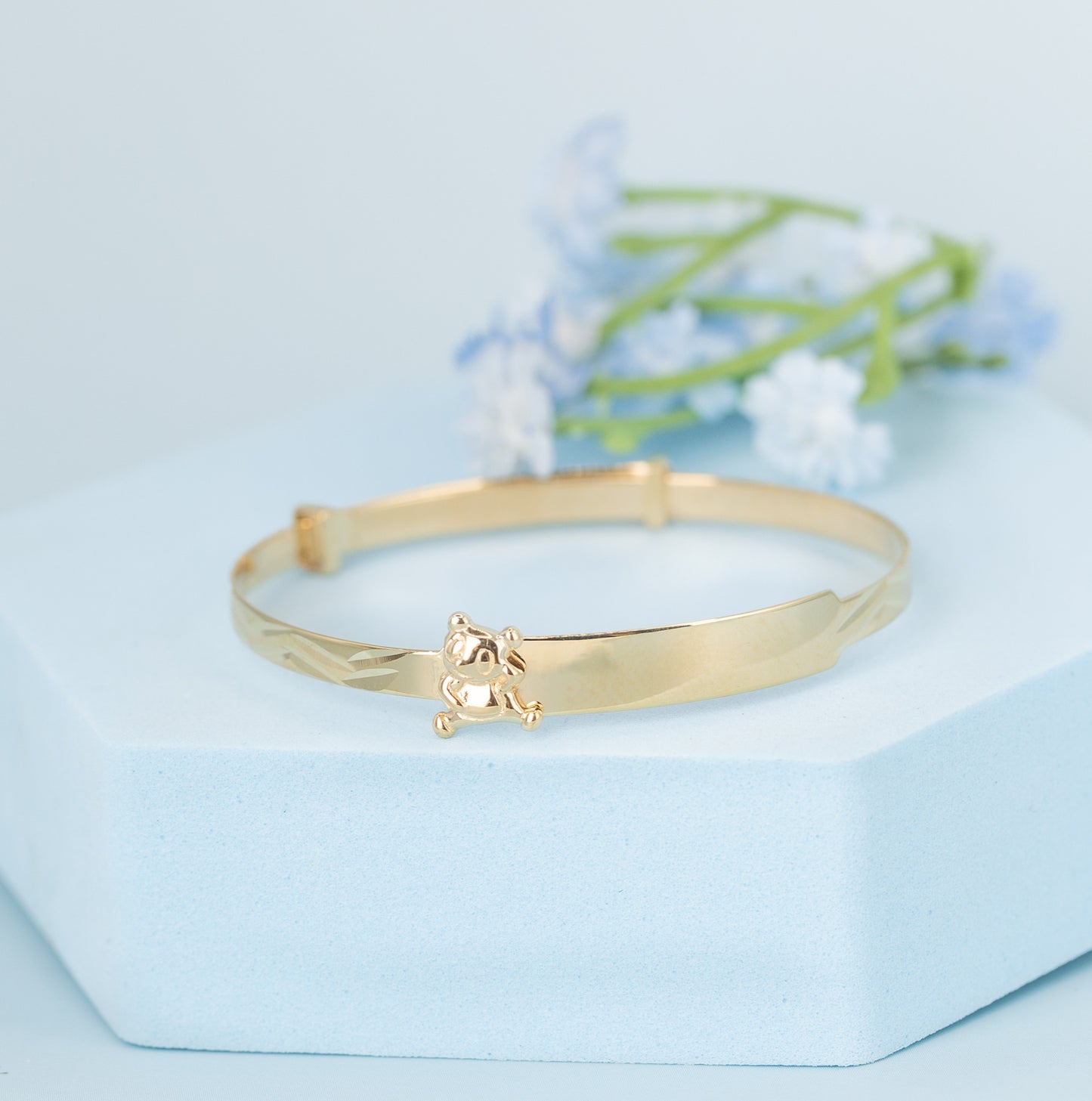 Solid 9ct Yellow Gold Baby / Kids Teddy ID Expandable Baby Bangle