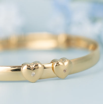 Solid 9ct Yellow Gold Floating Heart Baby / Kids Expandable Bangle